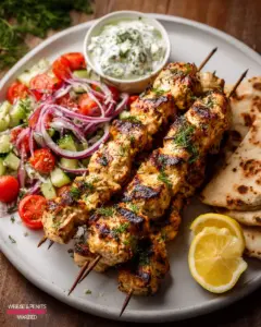 A delicious plate of Traditional Greek Chicken Souvlaki
