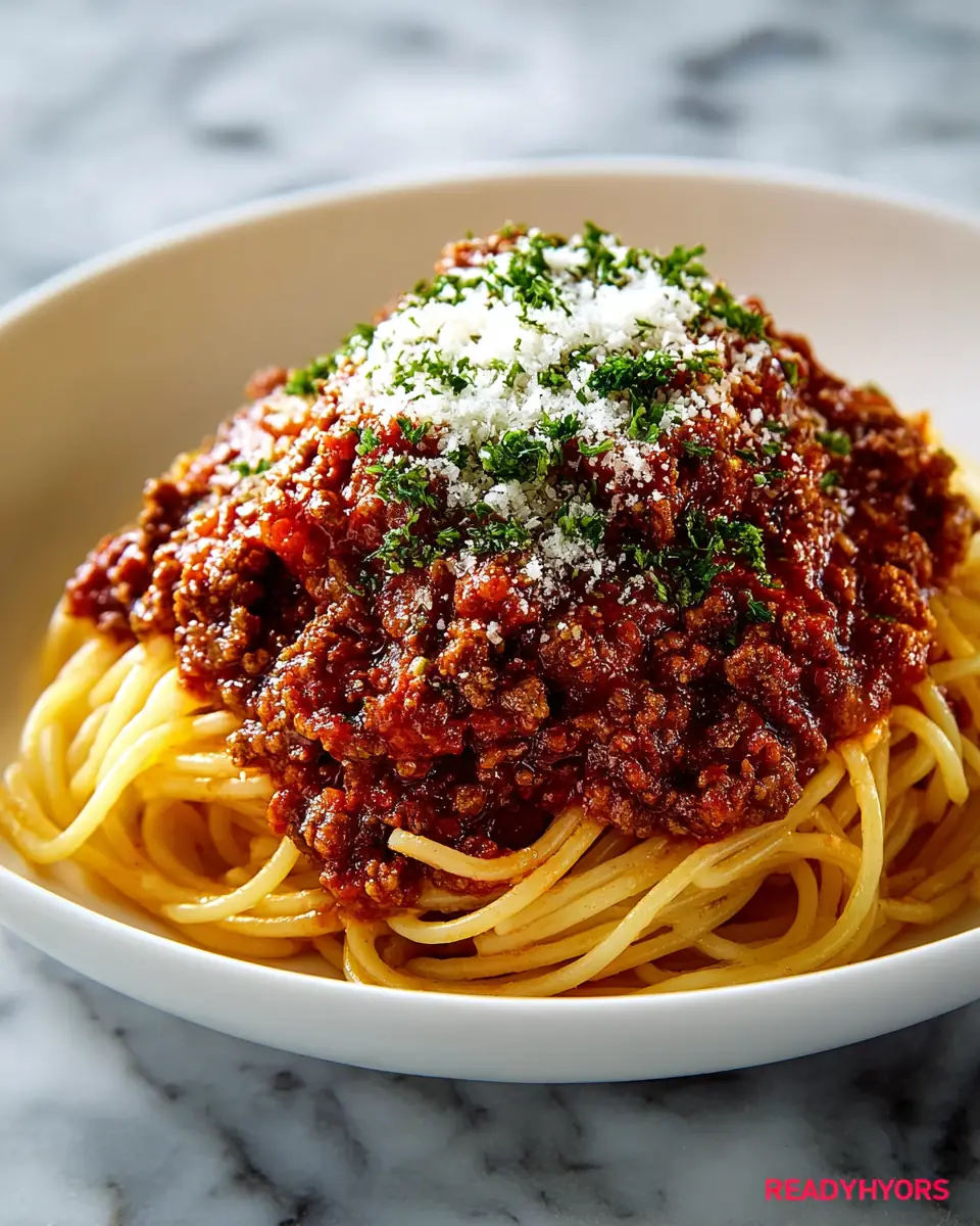 A delicious plate of Traditional Greek Makaronia me Kima (Spaghetti with Meat Sauce)