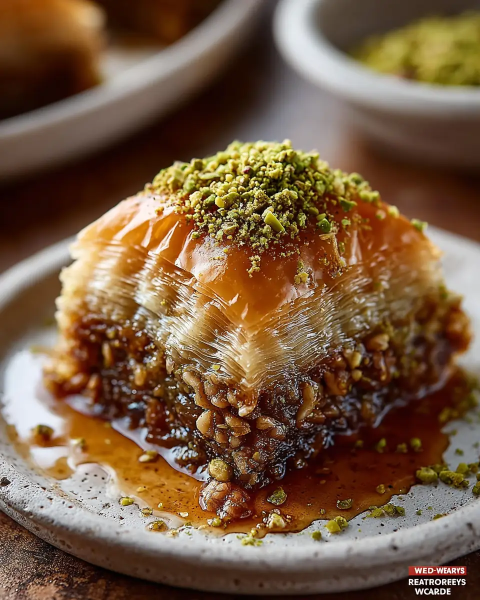 A delicious plate of Traditional Homemade Greek Baklava with Walnuts and Pistachios