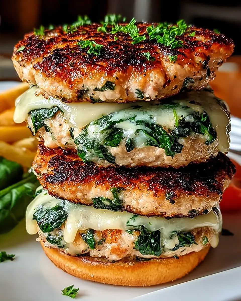 A delicious plate of White Cheddar and Spinach Chicken Burgers