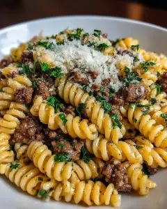 A delicious plate of Beef and Rotini in Garlic Parmesan Sauce