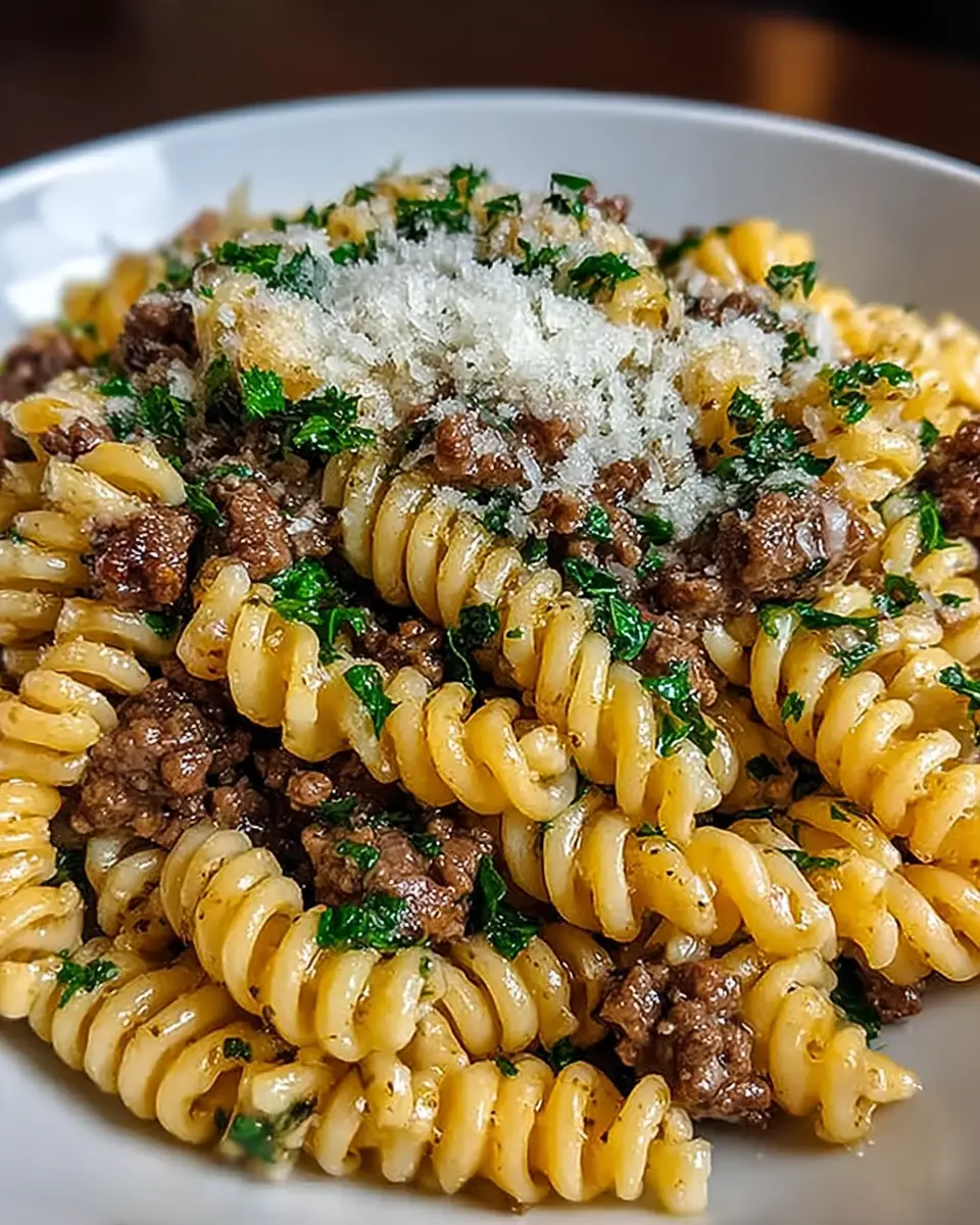 A delicious plate of Beef and Rotini in Garlic Parmesan Sauce