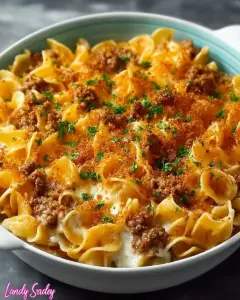 A delicious plate of Cheesy Beef and Noodle Casserole
