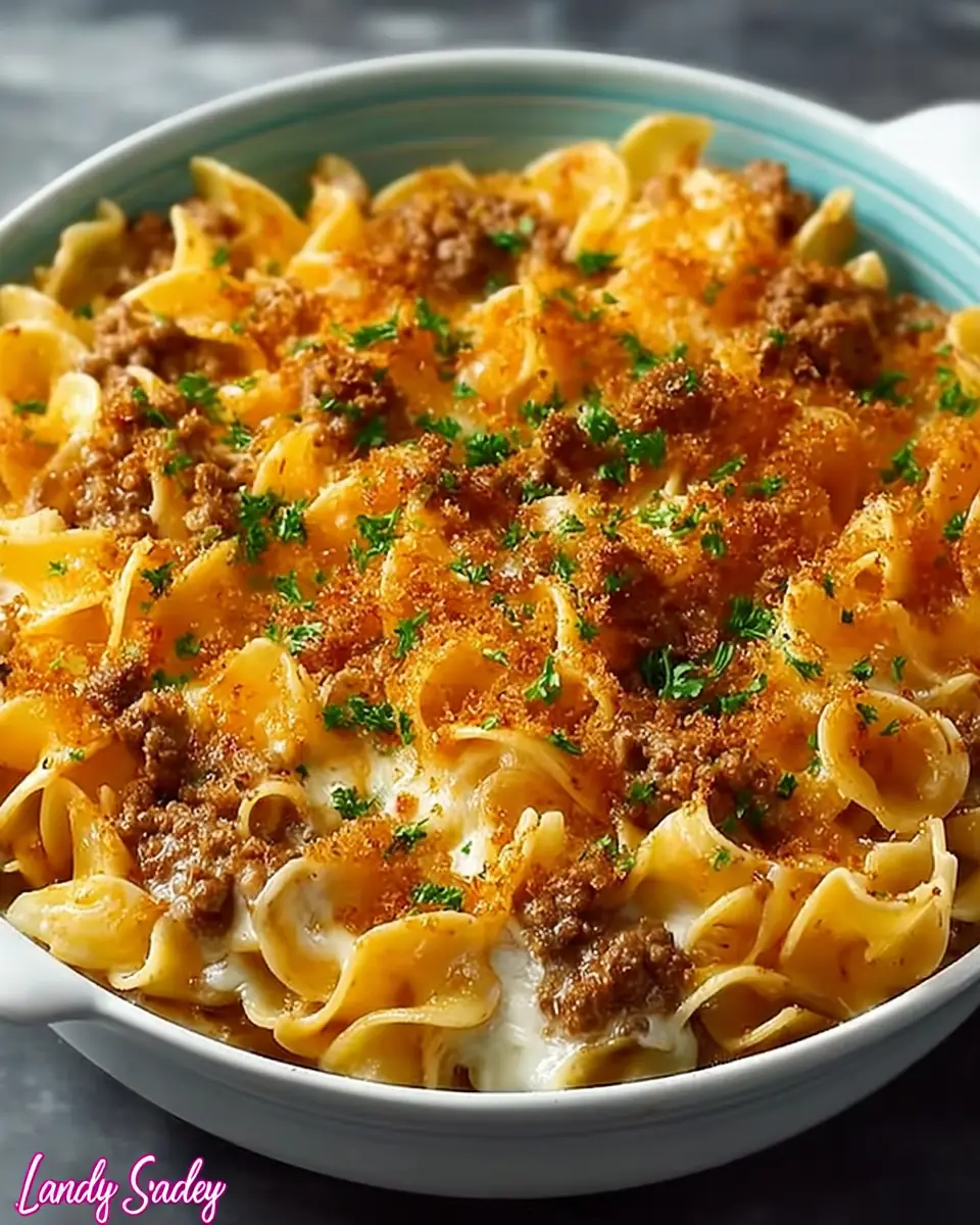 A delicious plate of Cheesy Beef and Noodle Casserole