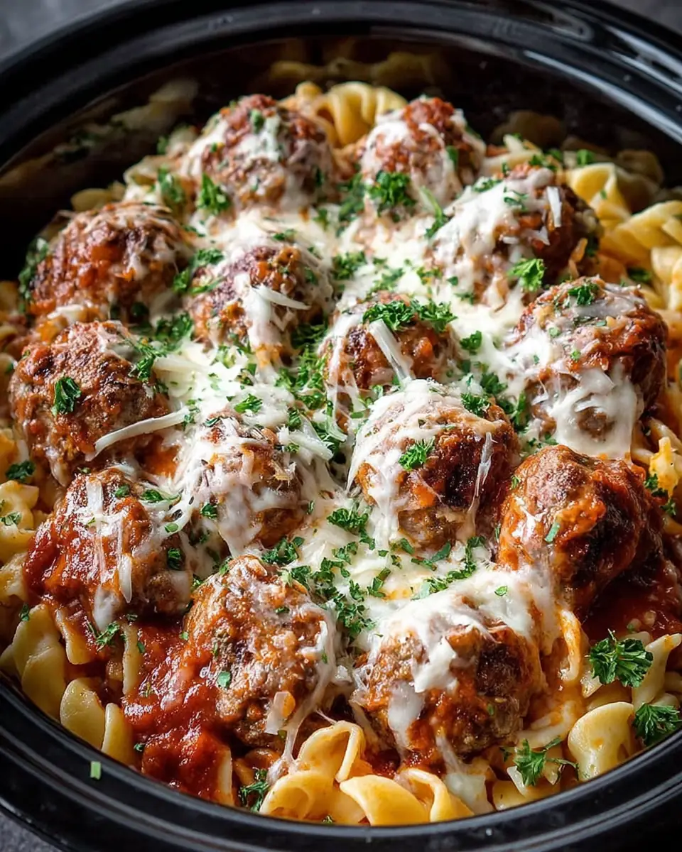 A delicious plate of Cheesy Crockpot Meatball Pasta