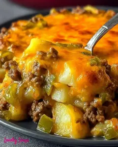 A delicious plate of Cheesy Ground Beef Casserole Made With Frozen Potatoes