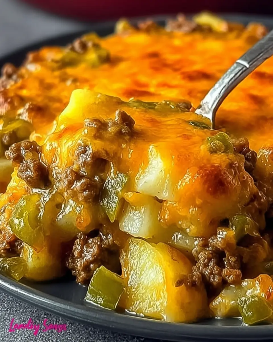 A delicious plate of Cheesy Ground Beef Casserole Made With Frozen Potatoes