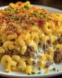A delicious plate of Cheesy Macaroni Hamburger Casserole