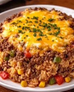 A delicious plate of Cowboy Ground Beef & Rice Casserole