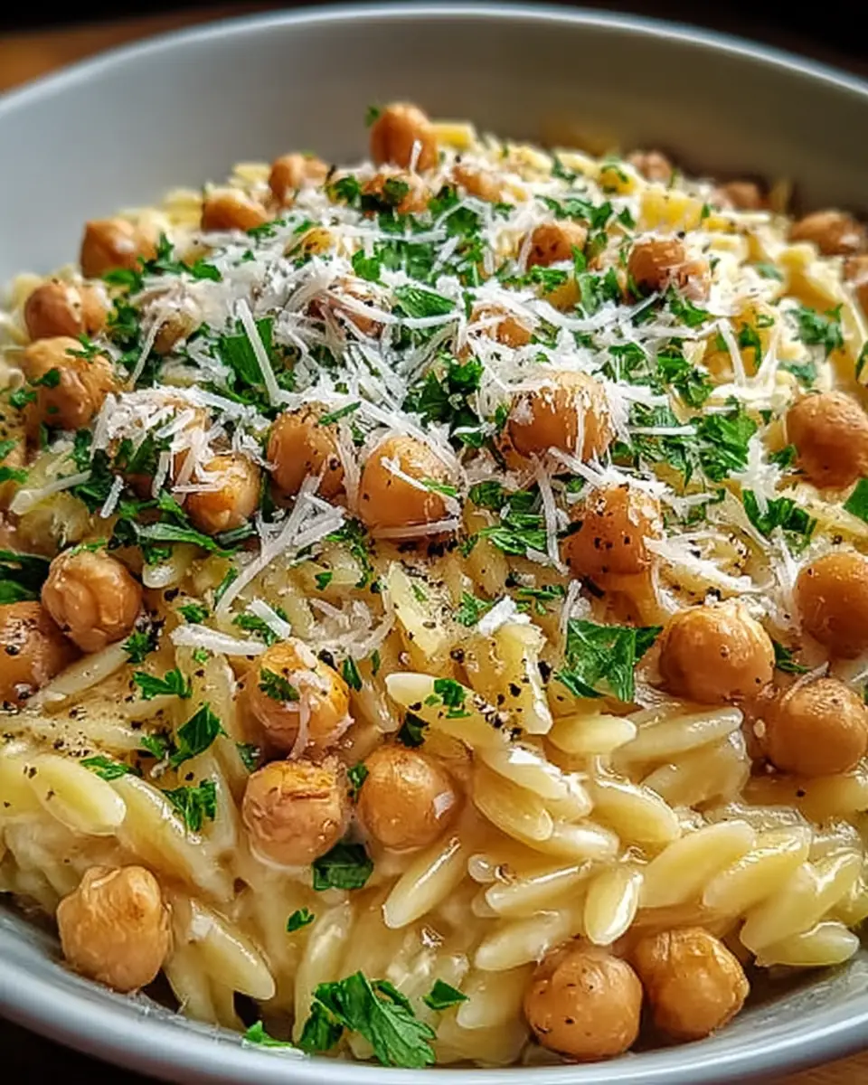 A delicious plate of Creamy Lemon Ricotta Orzo with Chickpeas