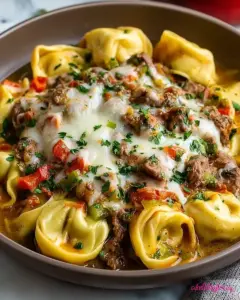 A delicious plate of Crock Pot Cheesesteak Tortellini Recipe