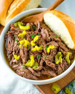 A delicious plate of Crock Pot Italian Beef (Italian Beef in Slow Cooker)