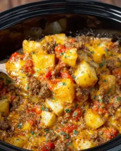 A delicious plate of Crockpot Cheesy Taco Potatoes