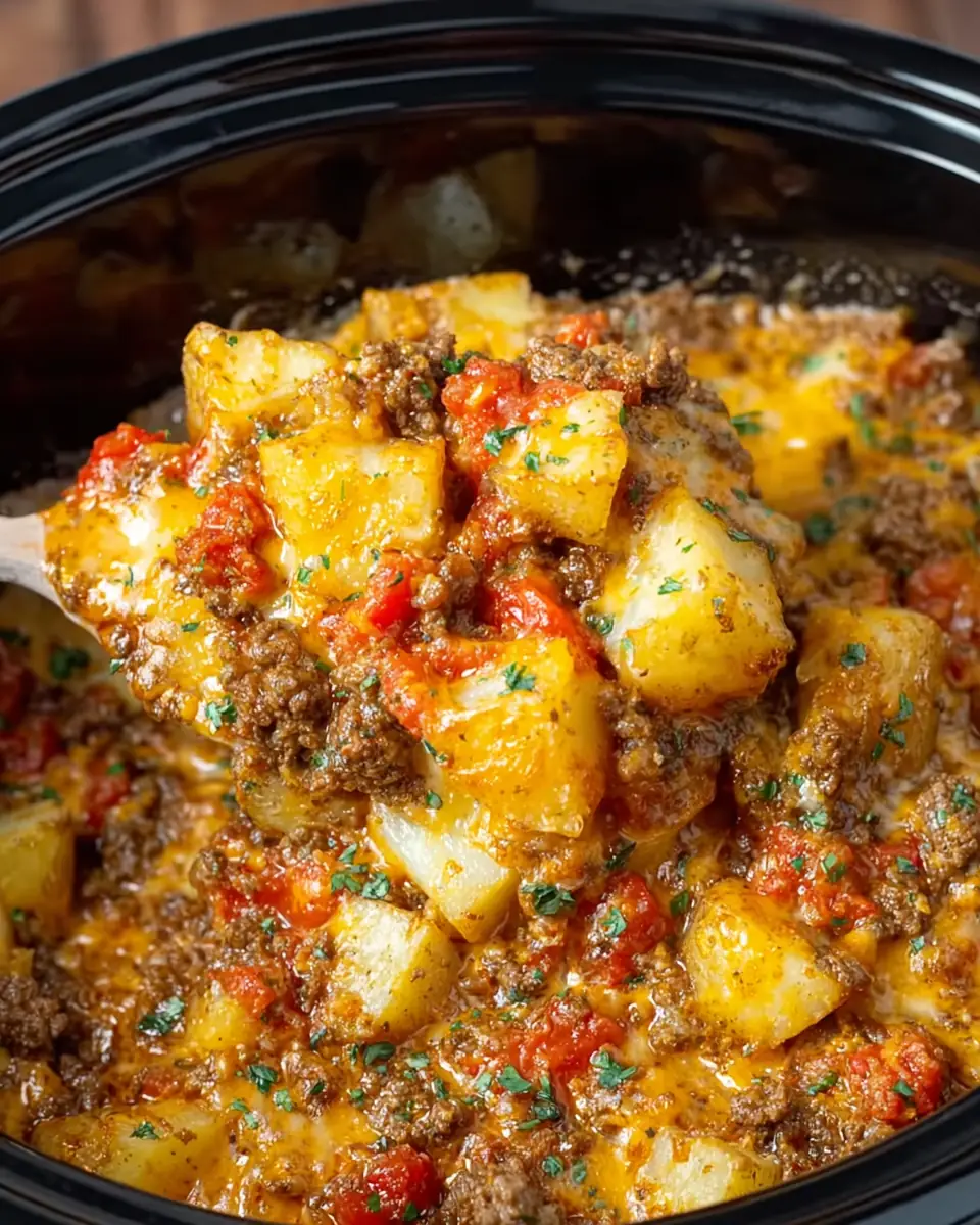 A delicious plate of Crockpot Cheesy Taco Potatoes