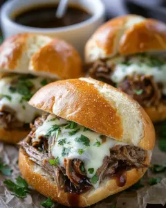 A delicious plate of Crockpot French Dip Sandwiches