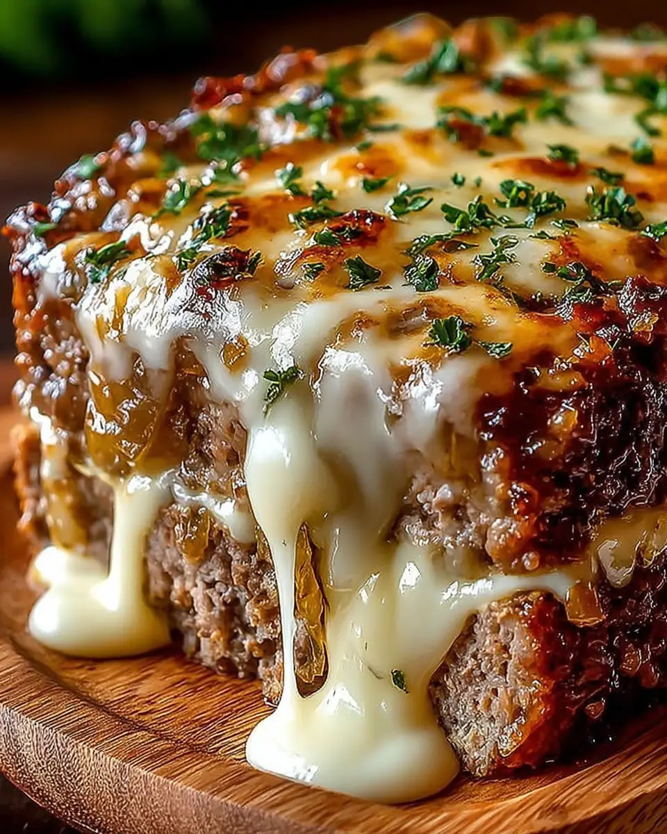 A delicious plate of Crockpot French Onion Beefloaf Swiss Cheese