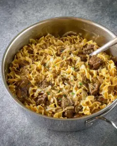 A delicious plate of French Onion Beef and Noodles
