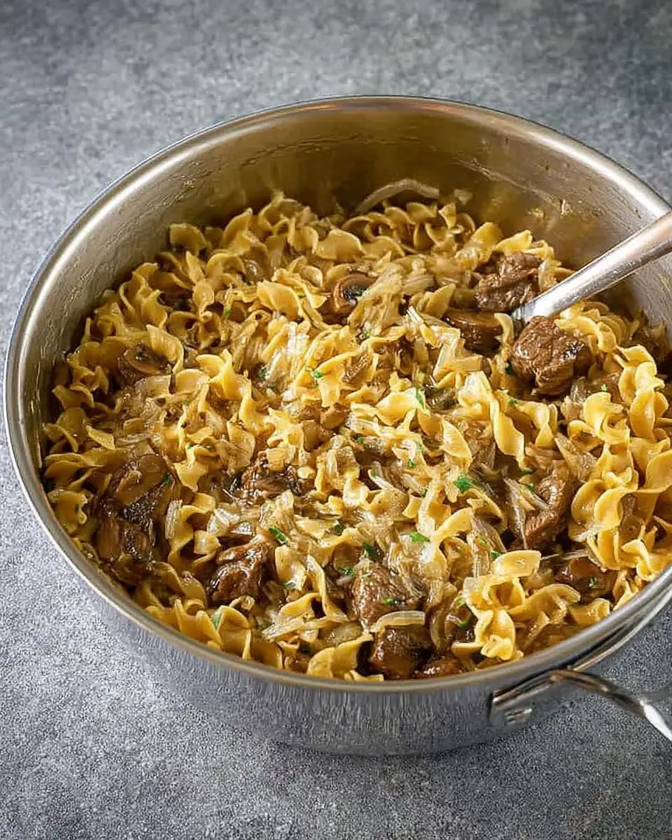 A delicious plate of French Onion Beef and Noodles