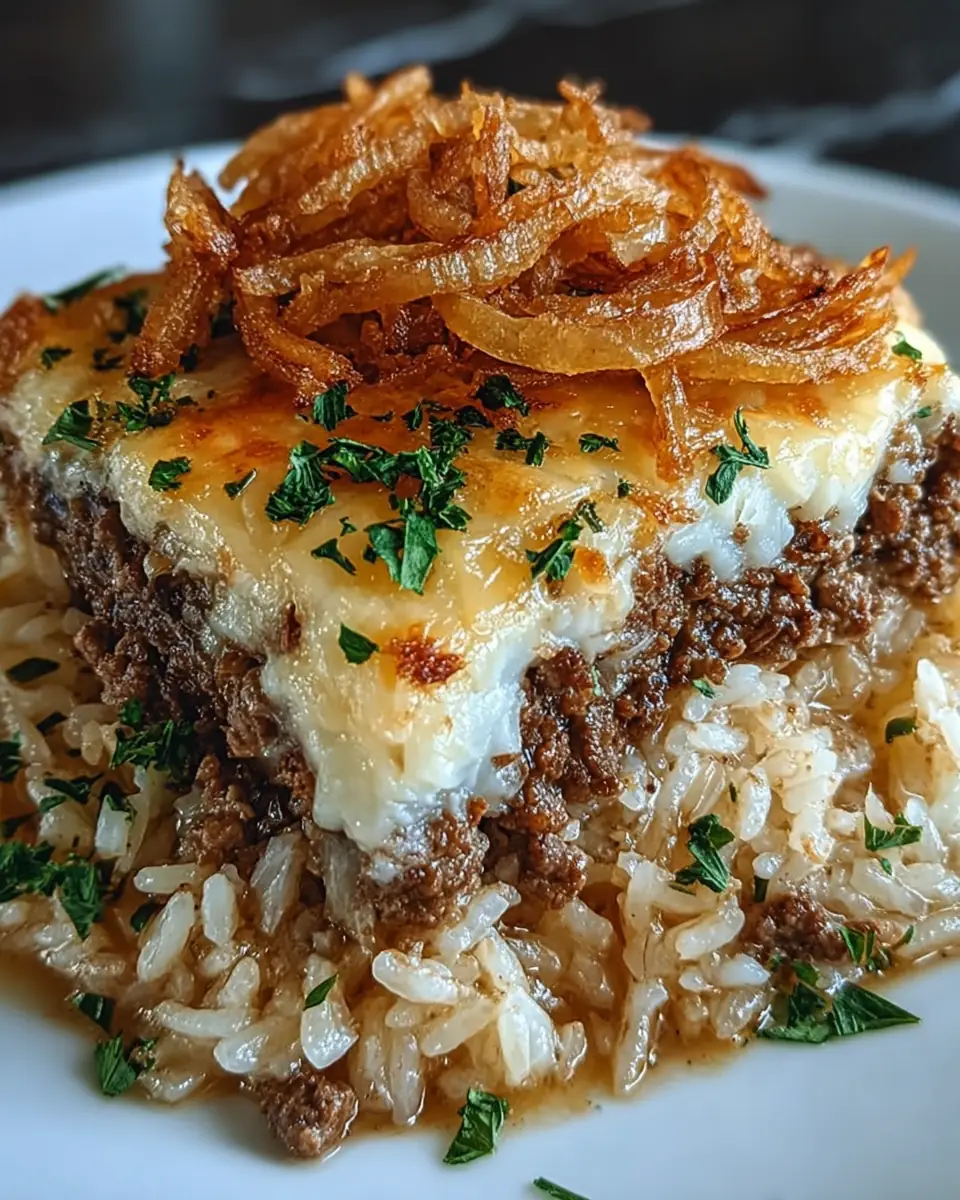 A delicious plate of French Onion Ground Beef and Rice Casserole