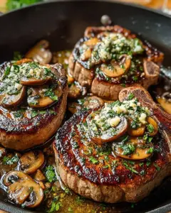 A delicious plate of Garlic Butter Mushroom Beef Chops