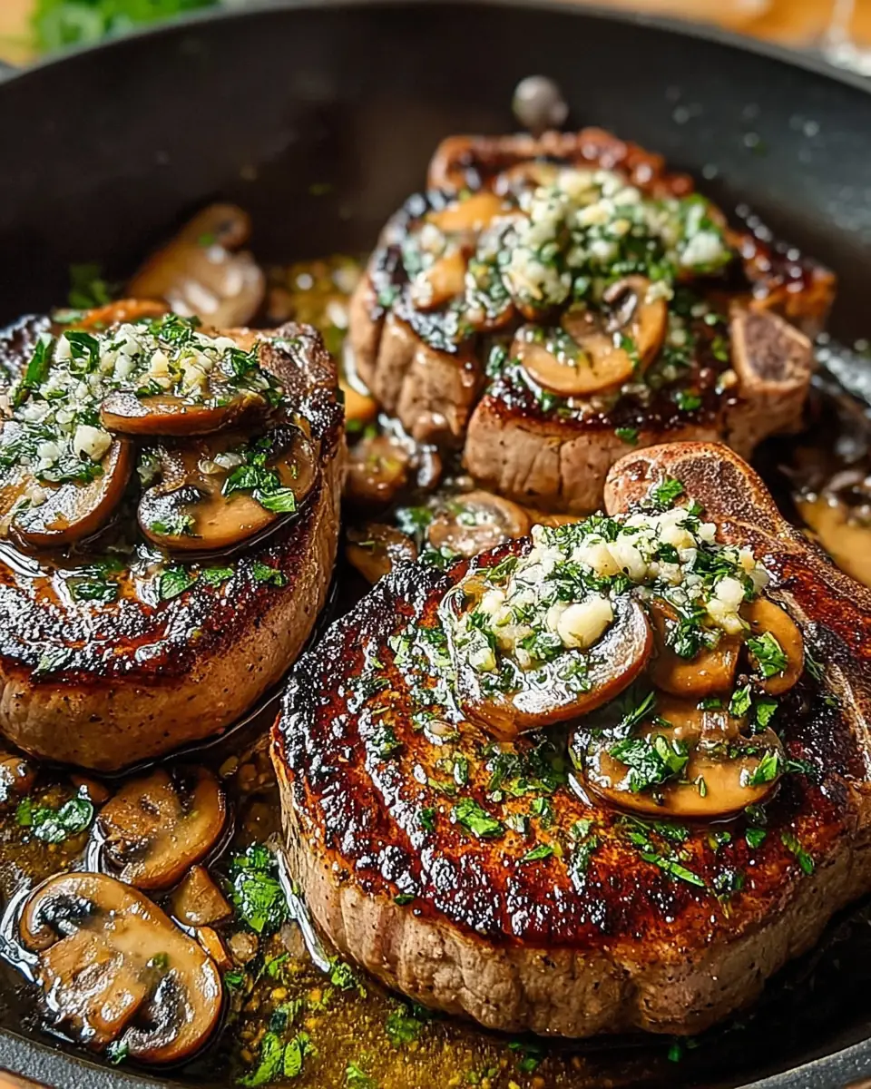 A delicious plate of Garlic Butter Mushroom Beef Chops