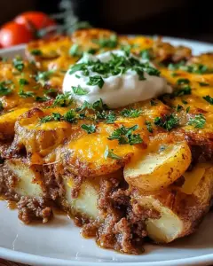 A delicious plate of Loaded Beef & Potato Bake