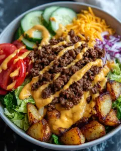 A delicious plate of Loaded Burger Bowls with Special Sauce