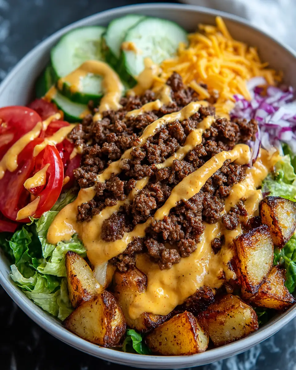 A delicious plate of Loaded Burger Bowls with Special Sauce