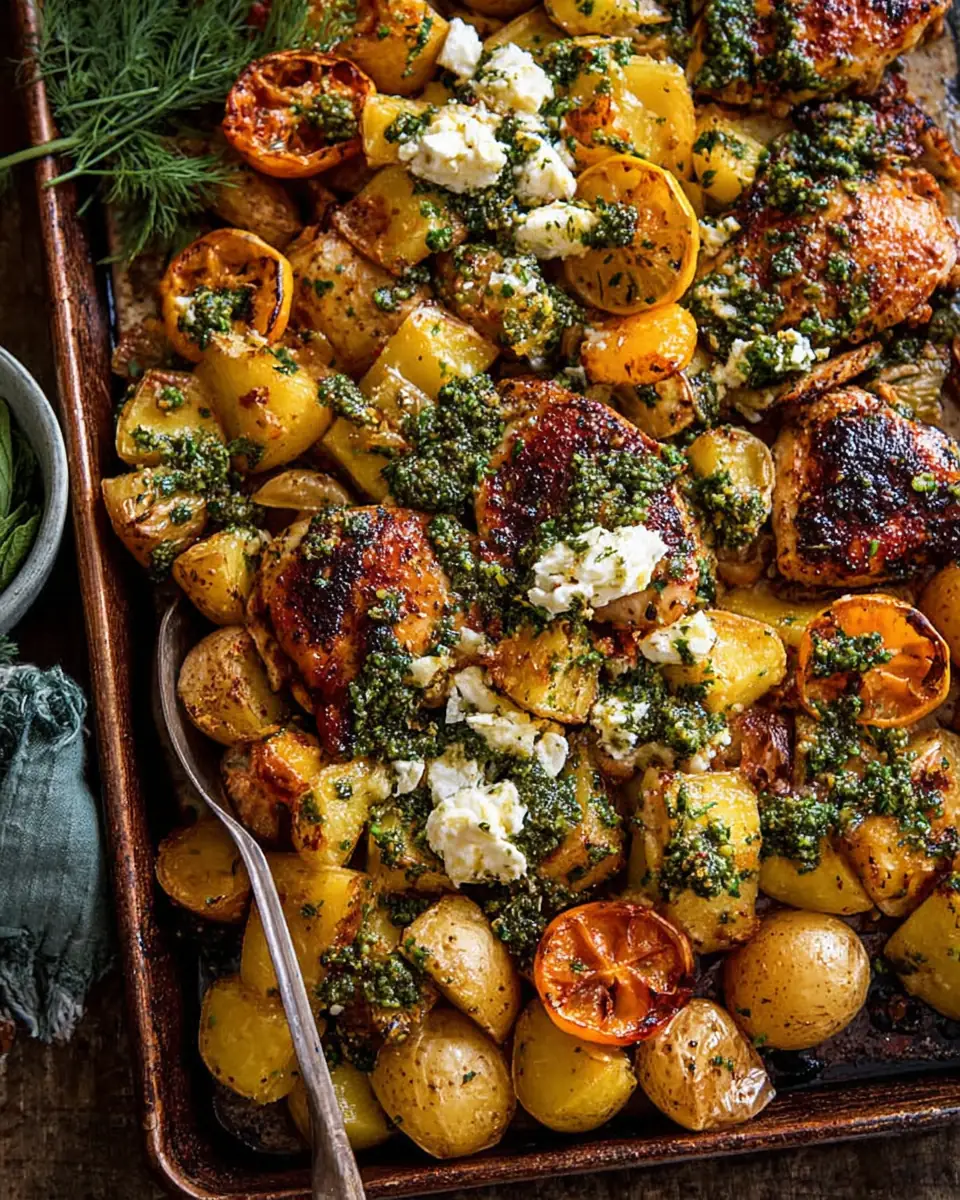 A delicious plate of Sheet Pan Greek Garlic Butter Chicken and Potatoes