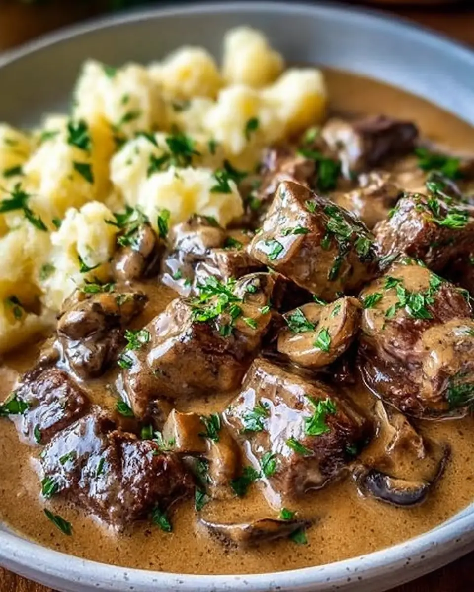 A delicious plate of Slow Cooked Steak Diane Casserole