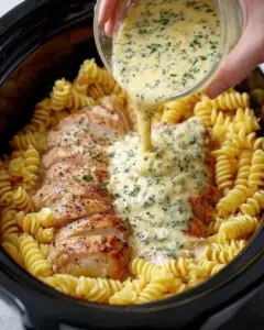 A delicious plate of Slow Cooker Creamy Garlic Chicken & Pasta
