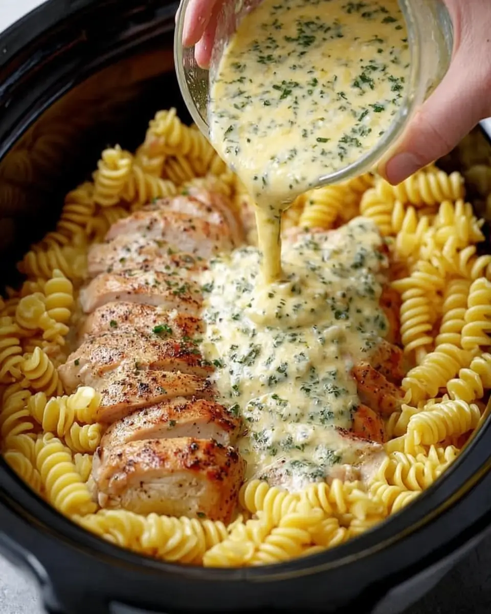 A delicious plate of Slow Cooker Creamy Garlic Chicken & Pasta