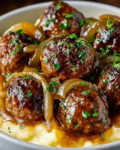 A delicious plate of Slow Cooker French Onion Meatballs