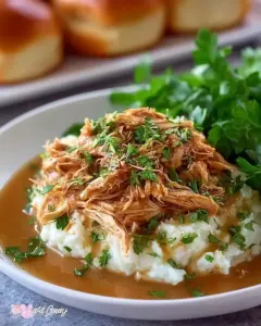 A delicious plate of Slow Cooker Shredded Chicken and Gravy
