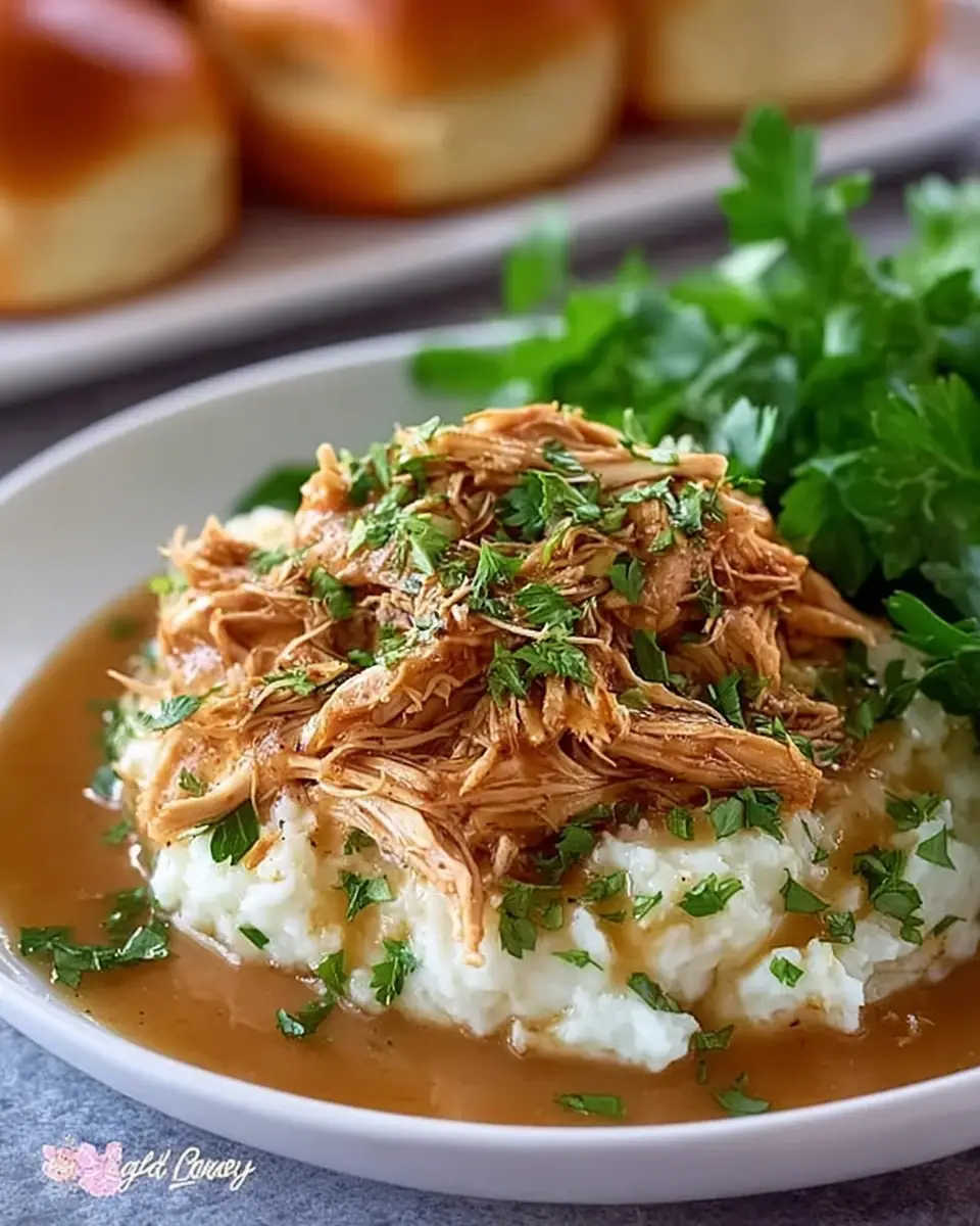 A delicious plate of Slow Cooker Shredded Chicken and Gravy
