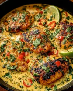 A delicious plate of Tender Garlic-Lime Chicken in Creamy Coconut Silk Sauce
