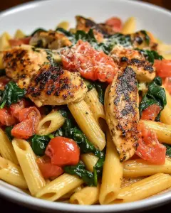 A delicious plate of Tomato Spinach Chicken Pasta