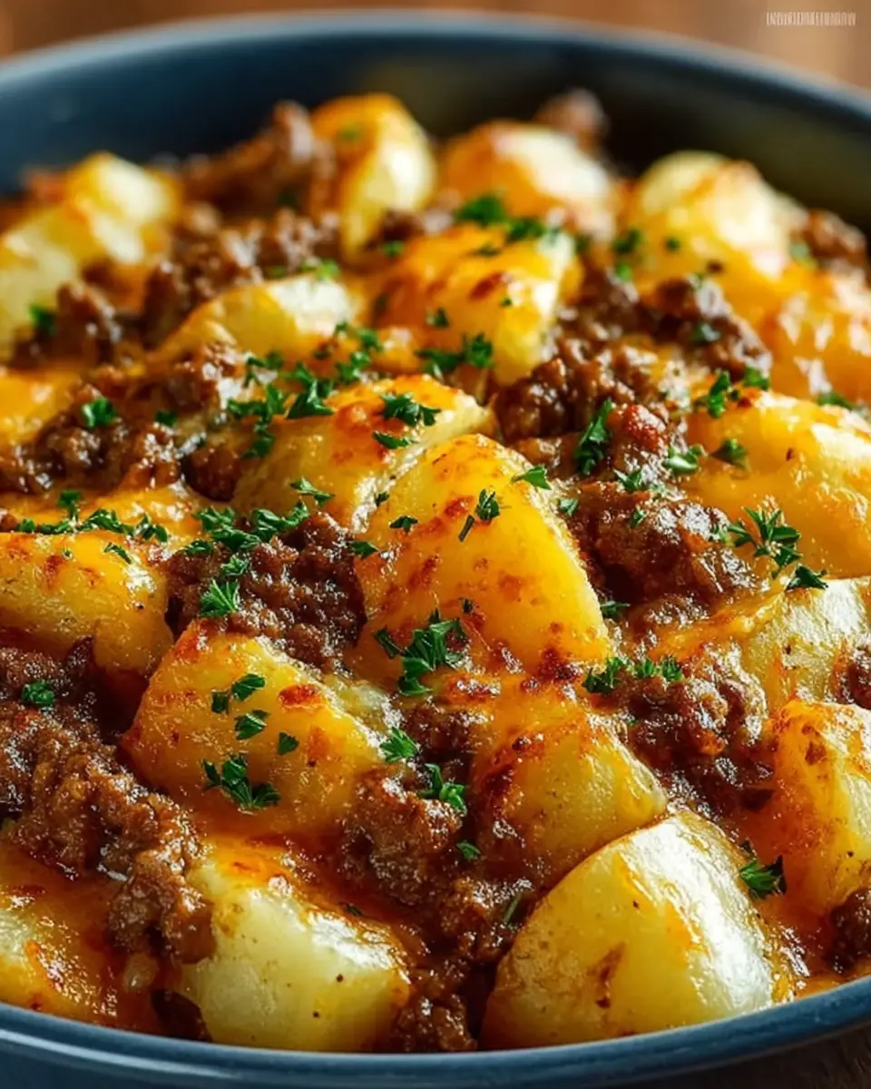 A delicious plate of Cheesy Ground Beef & Potato Casserole