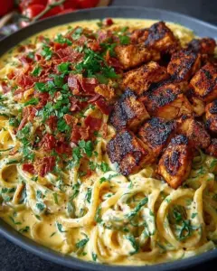 A delicious plate of Creamy Cajun Chicken Linguine with Spicy Garlic Cheese Sauce