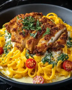 A delicious plate of Crispy Chicken over Creamy Orange Pasta
