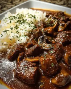 A delicious plate of Crockpot Beef Tips & Gravy