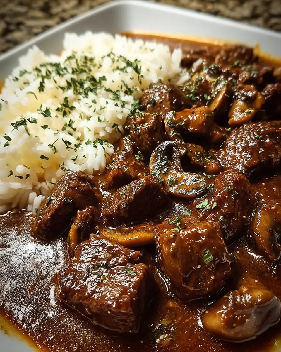 A delicious plate of Crockpot Beef Tips & Gravy