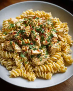 A delicious plate of Crockpot Garlic Parmesan Chicken Pasta