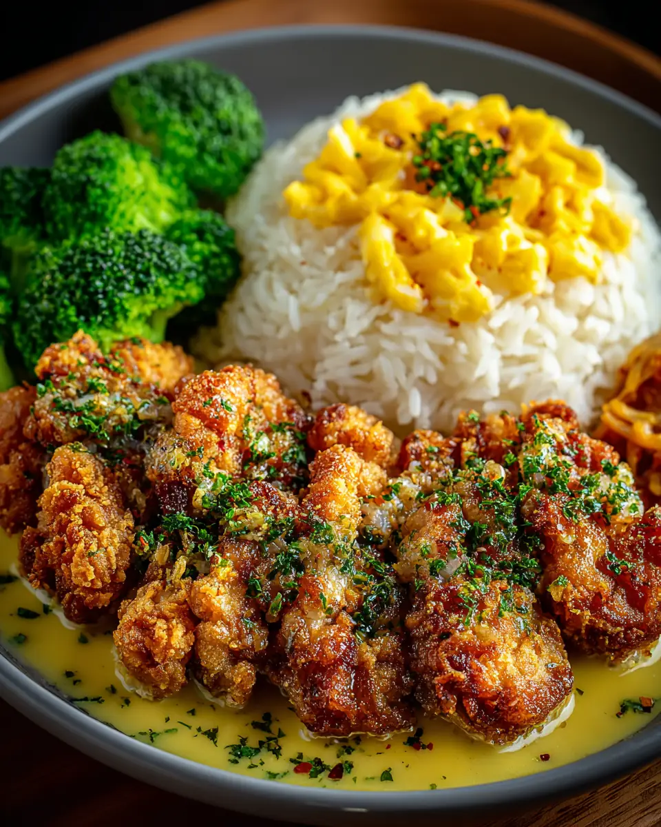 A delicious plate of Golden Fried Meat with Broccoli & Cheesy Rice Feast