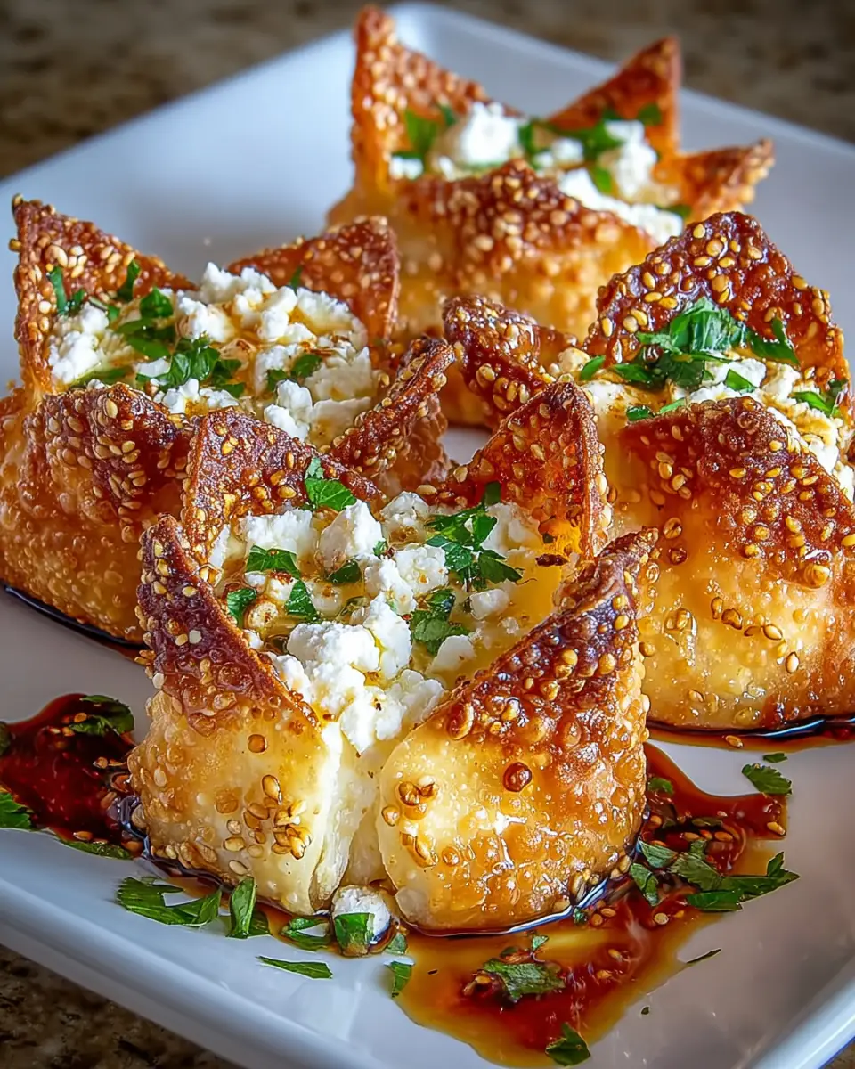 A delicious plate of Hot Honey Feta Wonton Rolls: Crispy, Creamy Bliss Awaits!