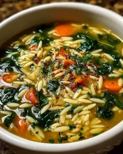 A delicious plate of Orzo Soup with Spinach and Lemon