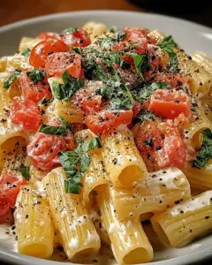 A delicious plate of Tomato Basil Pasta with Light Ricotta Cream Sauce