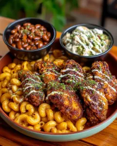 A delicious plate of Wings, Mac & Beans Comfort Feast