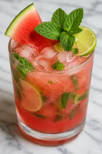 Close-up of a refreshing watermelon mojito mocktail with mint leaves, lime slices, crushed ice, and watermelon garnish in a chilled glass on a marble surface.