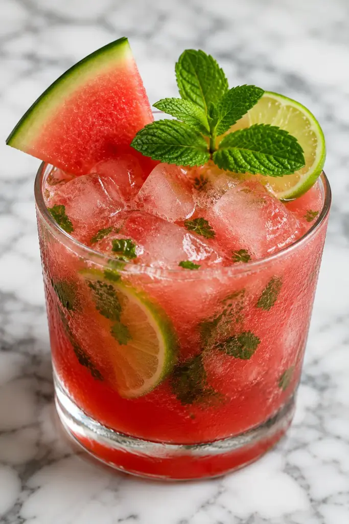 Homemade watermelon mint mojito mocktail with sparkling ice, fresh lime, mint, and watermelon served in a glass on a marble countertop.